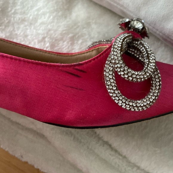 Pink pointed toe ballet flat slip on micro heel shoes rhinestone bow detail - Picture 3 of 13